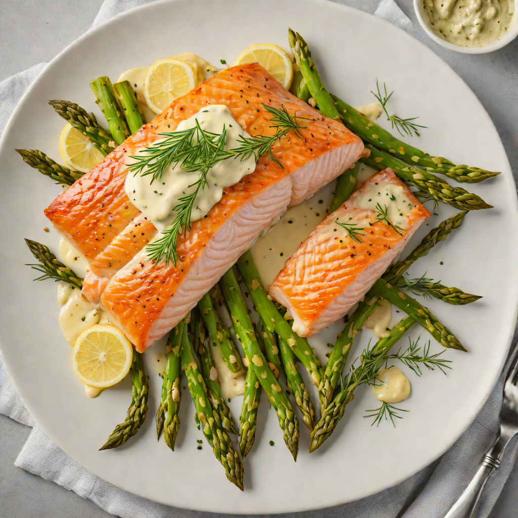 Pan-Fried Salmon with Creamy Dill Sauce and Roasted Asparagus
