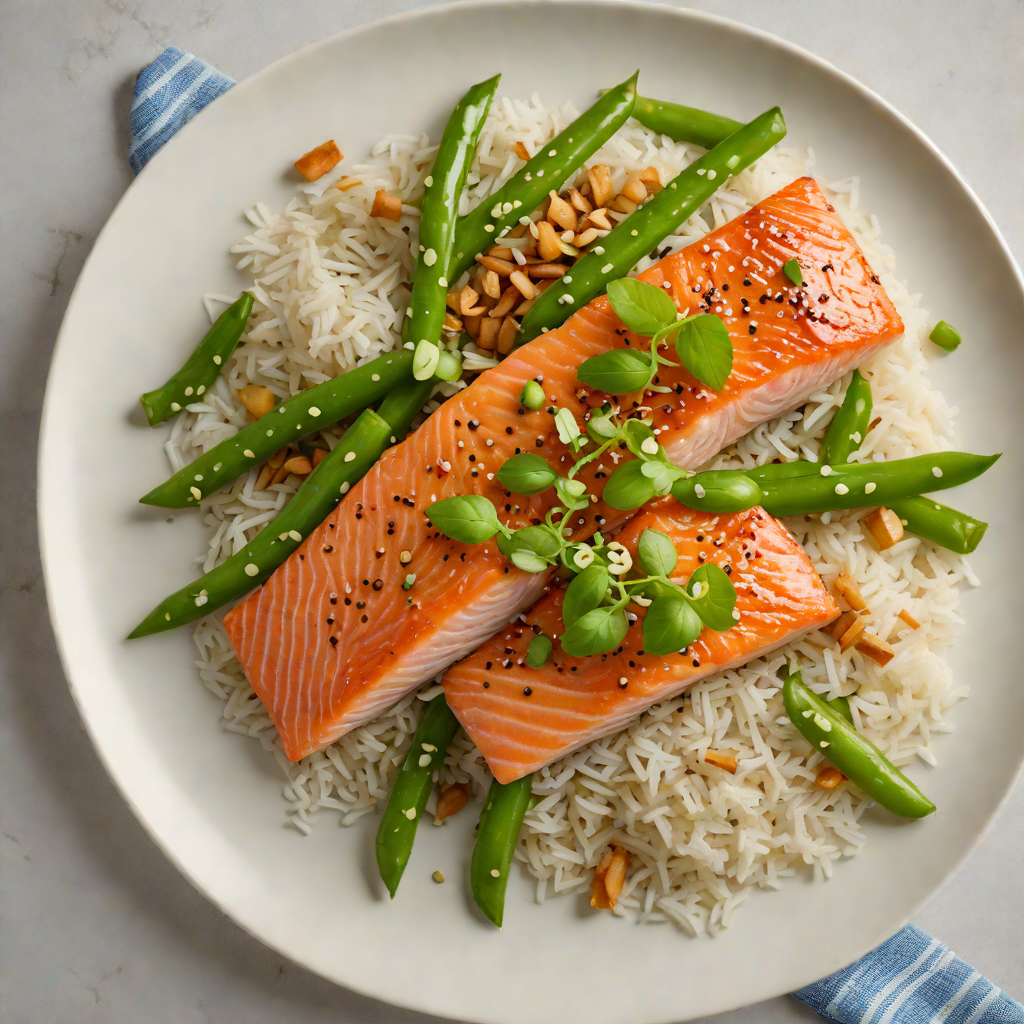 Sesame-Ginger Salmon with Steamed Jasmine Rice and Snap Peas
