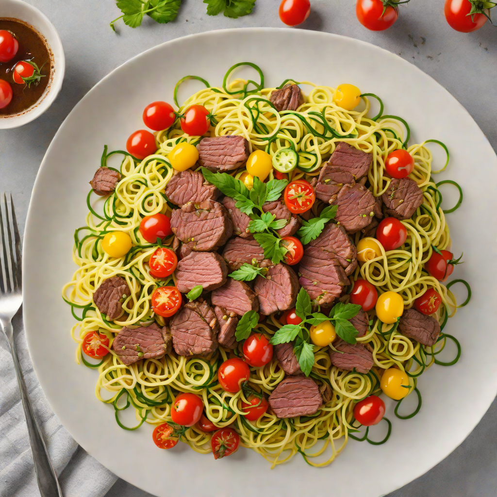 Sautéed Beef and Zucchini Noodles with Garlic and Cherry Tomatoes