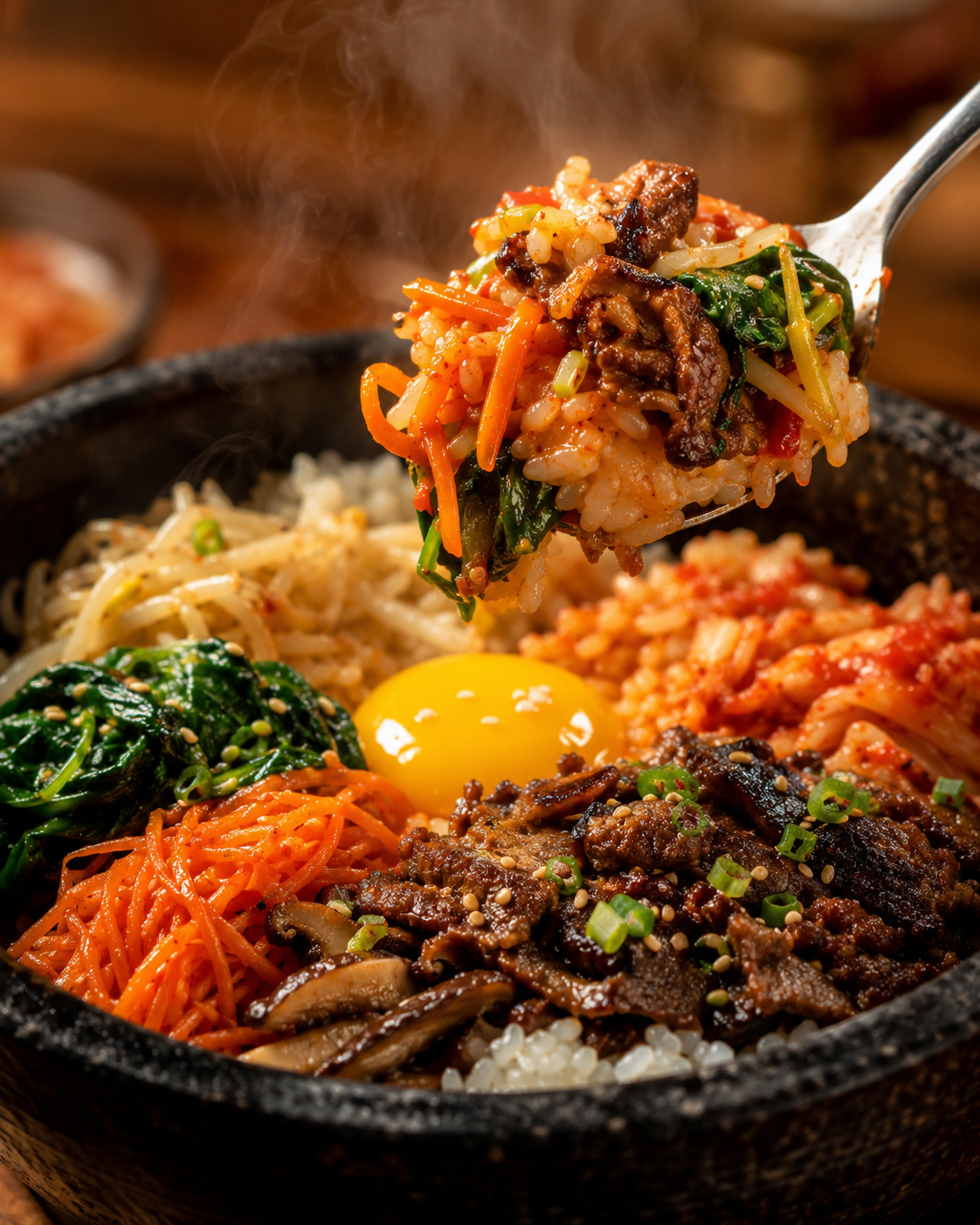 Spicy Korean-Inspired Bibimbap Bowl with Sesame Beef and Vegetables