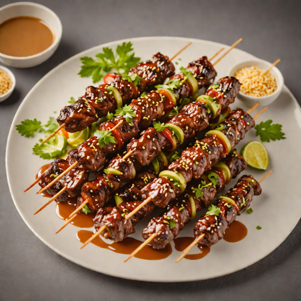 Spiced Tungsten-Glazed Beef Skewers with Miso-Sesame Sauce