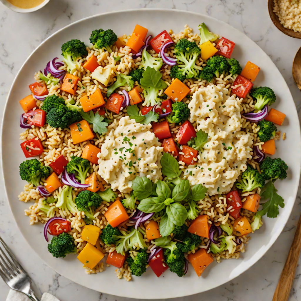 Roasted Vegetable and Cauliflower Rice Bowl with Tahini Dressing