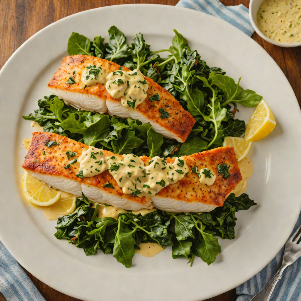 Pan-Seared Catfish with Cajun Remoulade and Collard Greens