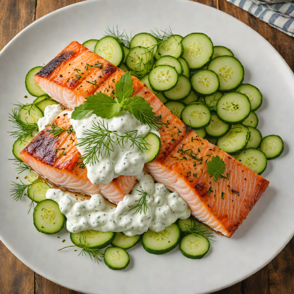 Pan-Roasted Salmon with Dill-Yogurt Sauce and Cucumber Salad