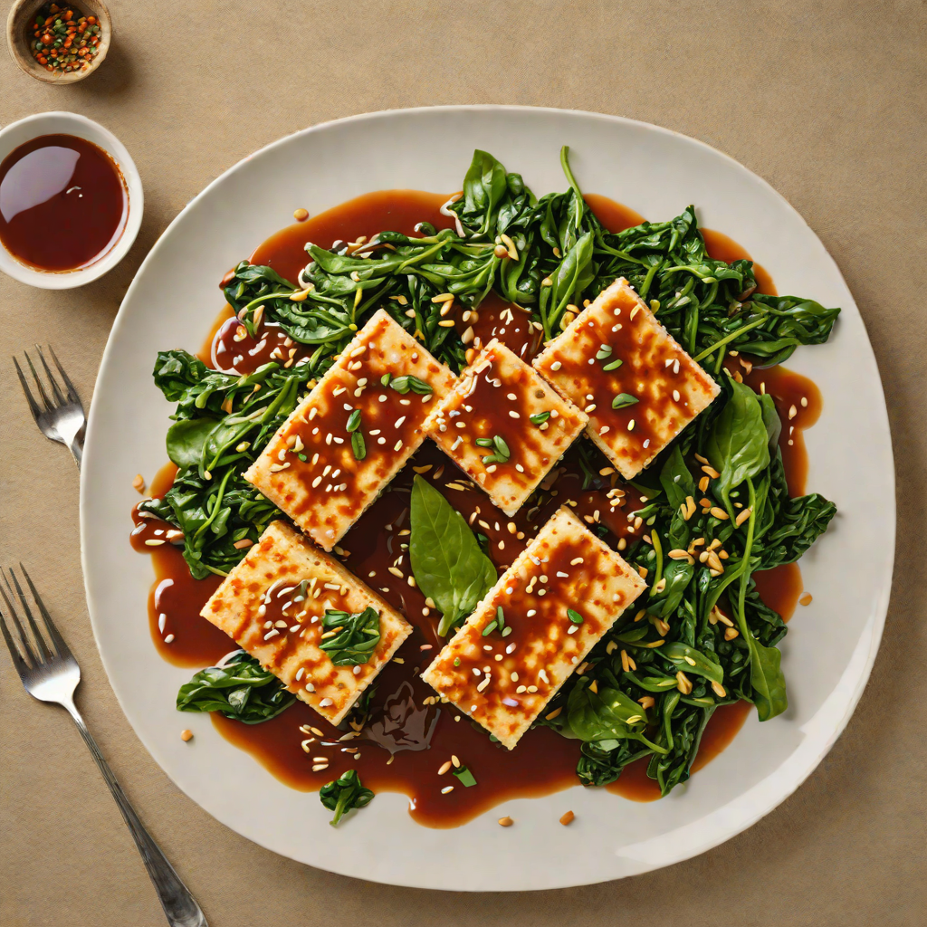 Pan-Fried Tofu with Spicy Korean Gochujang Sauce and Sesame Spinach