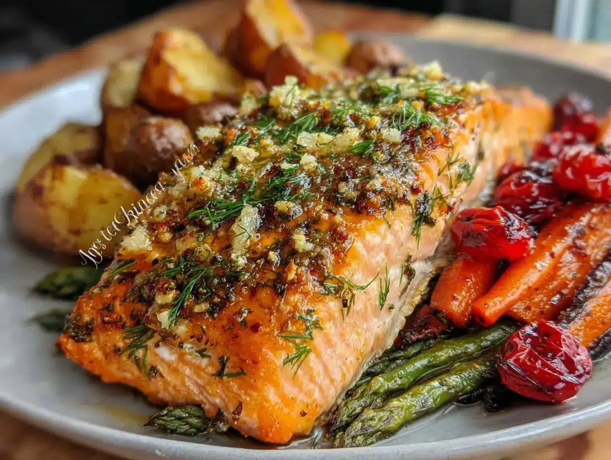 Baked Lemon-Dill Salmon with Crispy Garlic Roasted Potatoes