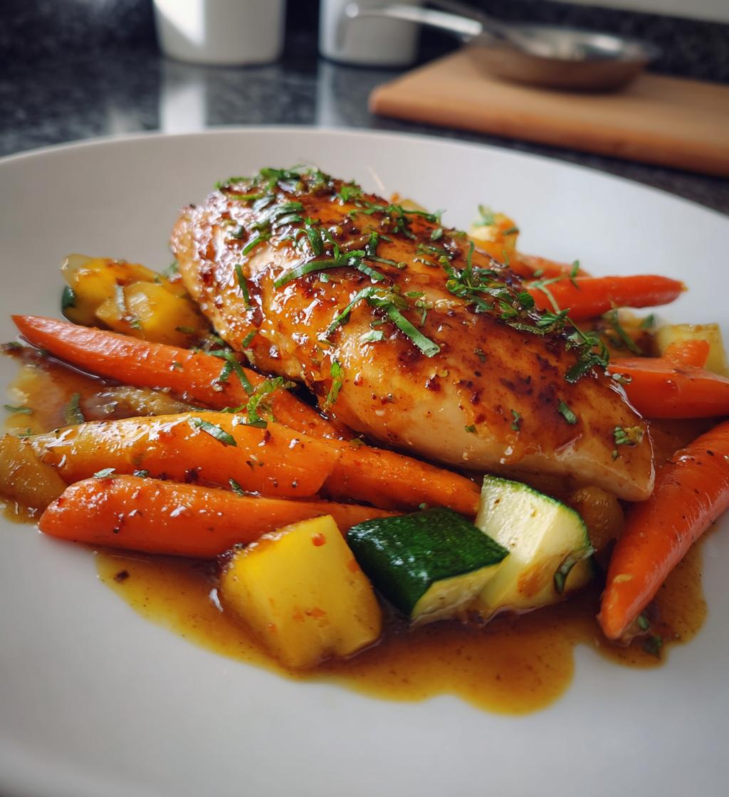 Sautéed Chicken Breast with Honey Mustard Glaze and Roasted Baby Carrots