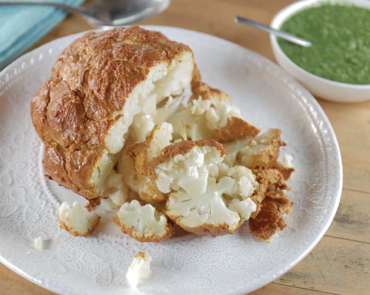 Baked Indian-Spiced Cauliflower with Cilantro Yogurt Sauce