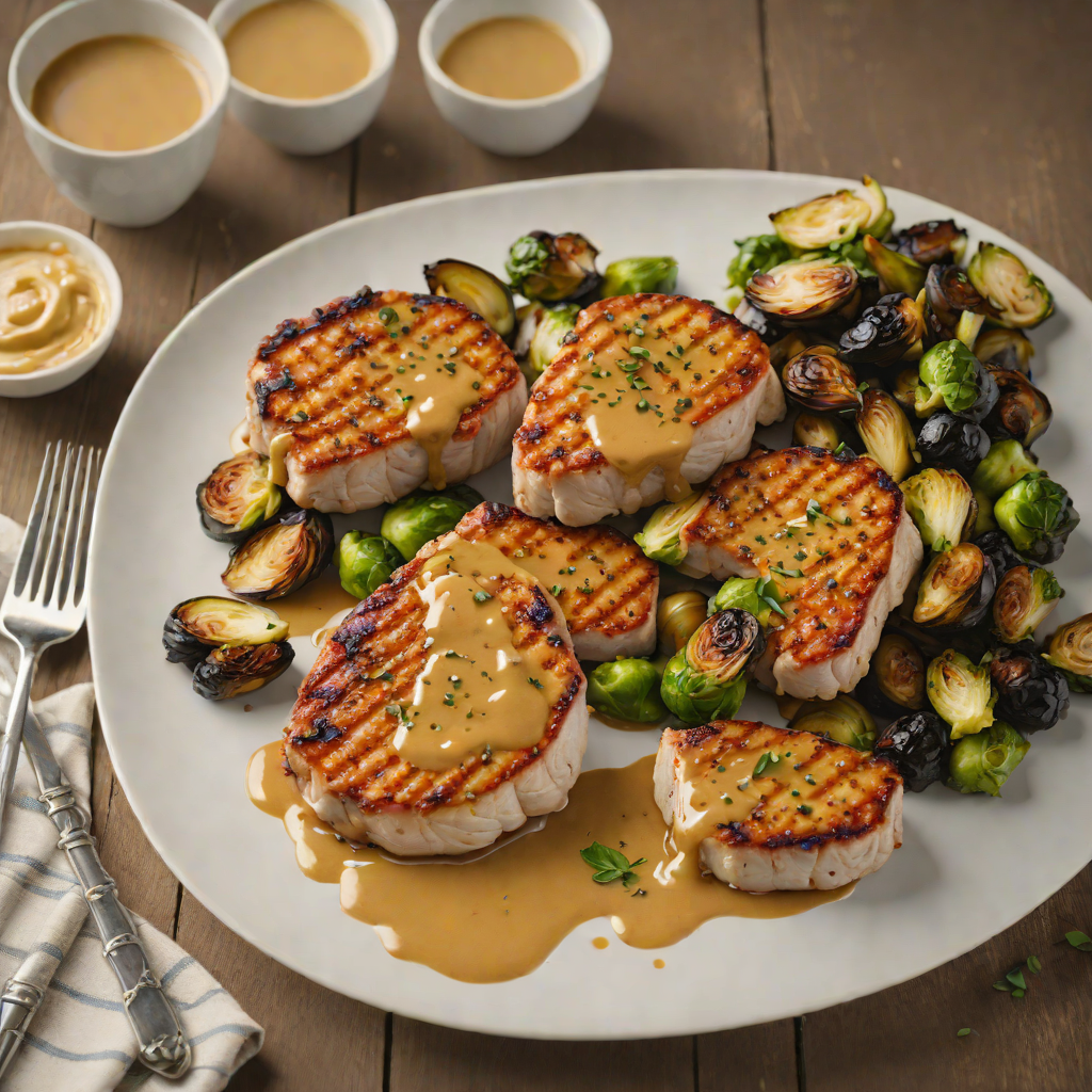 Pan-Seared Pork Chops with Honey-Mustard Glaze and Roasted Brussels Sprouts