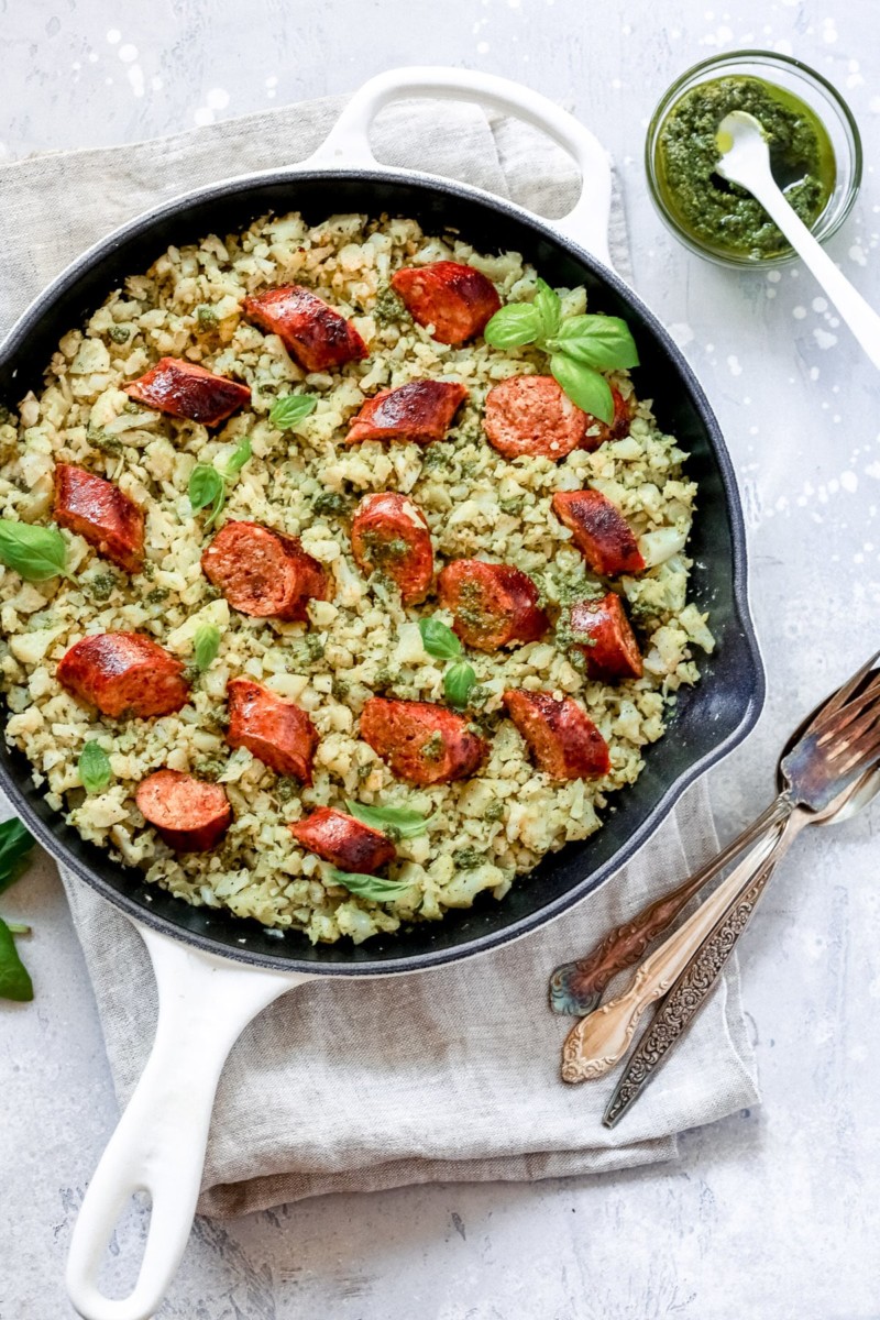 One-Pot Tomato and Sausage Cauliflower Rice Skillet