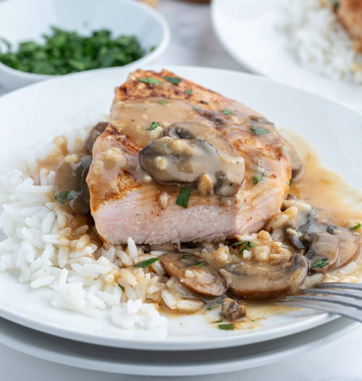 Bacon-Fat Pan Fried Pork Chops with Mushroom Gravy