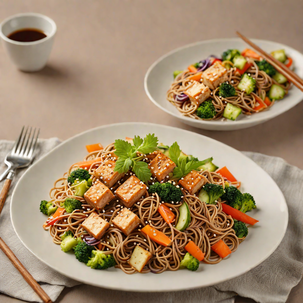 Stir-Fried Soba Noodles with Sesame-Ginger Tofu and Vegetables