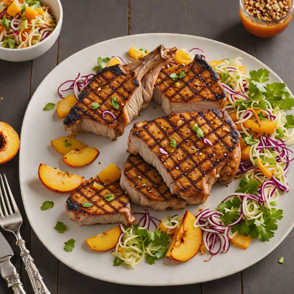 Bourbon-Peach Glazed Grilled Pork Chops with Summer Slaw