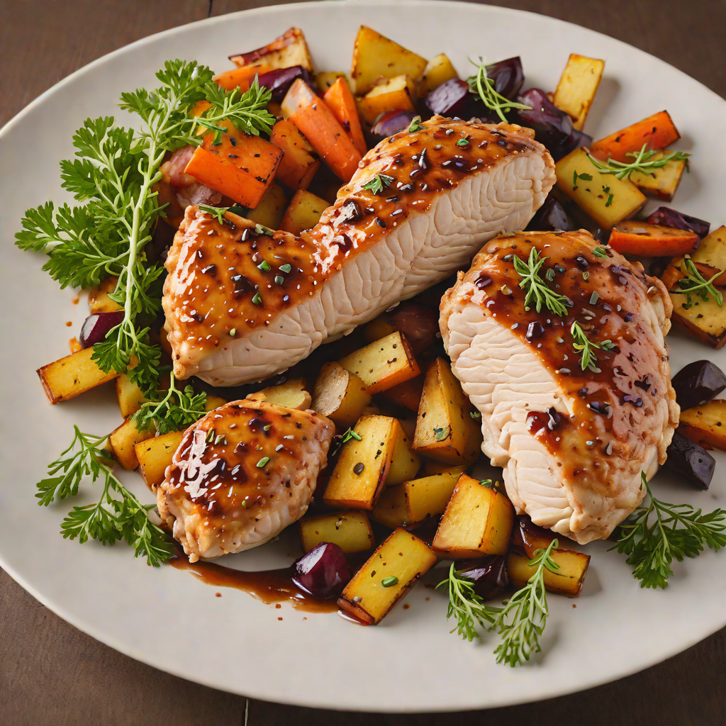 Pan-Seared Chicken with Bourbon Maple Glaze and Roasted Root Vegetables