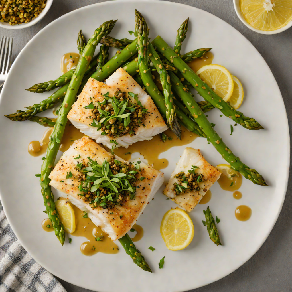 Baked Cod with Lemon-Caper Olive Tapenade and Roasted Asparagus
