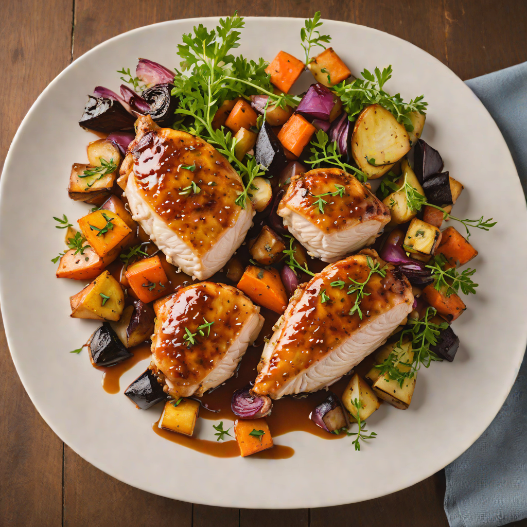 Pan-Seared Chicken with Bourbon Glaze and Roasted Root Vegetables