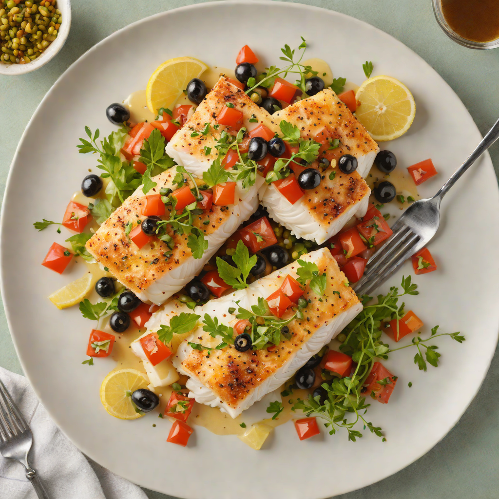 Baked Cod with Tomato-Olive Relish and Lemon-Caper Dressing