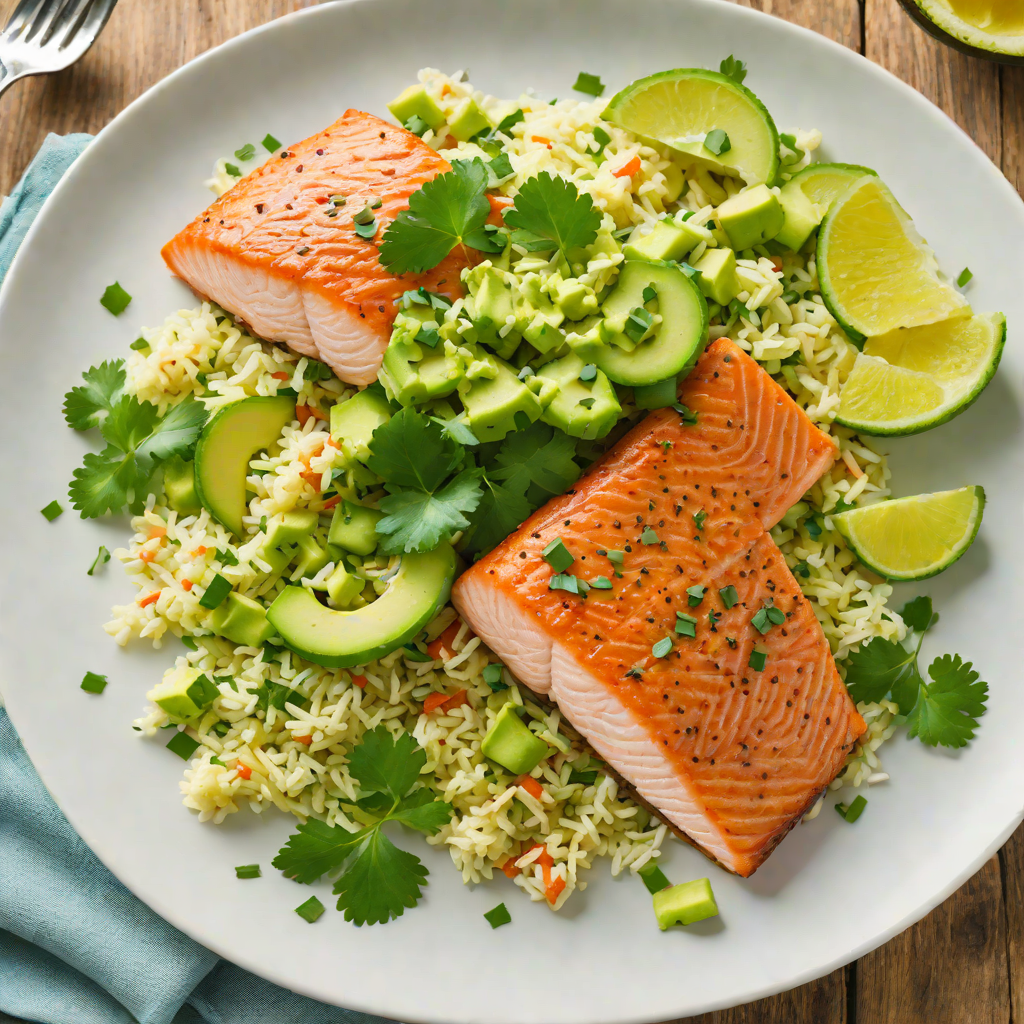 Pan-Seared Salmon with Avocado-Cilantro Sauce and Cauliflower Rice