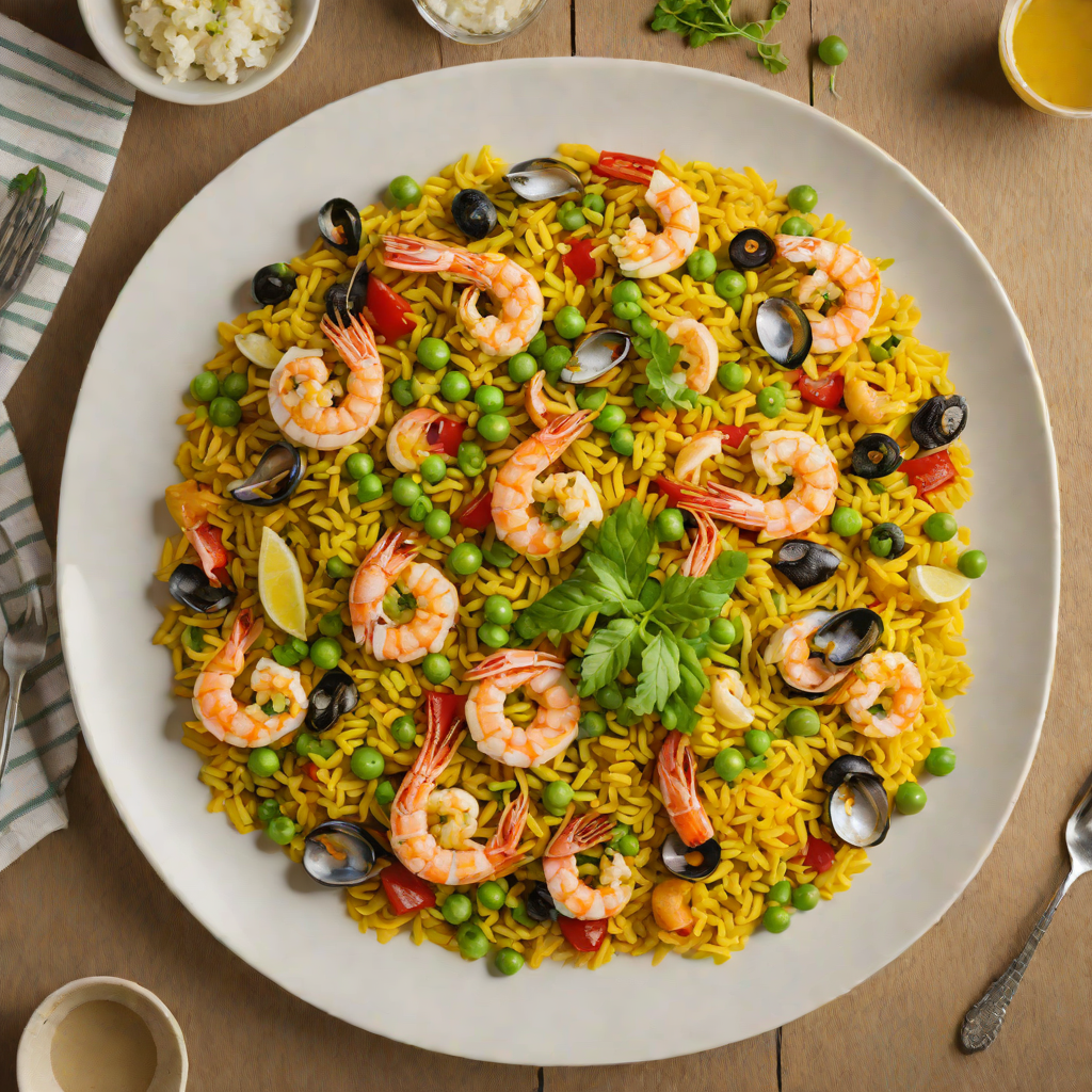 Pan-Seared Seafood Paella with Saffron and Peas
