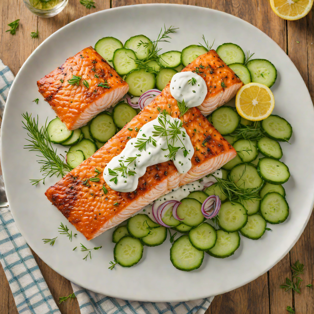Pan-Fried Salmon with Lemon-Dill Yogurt Sauce and Cucumber Salad