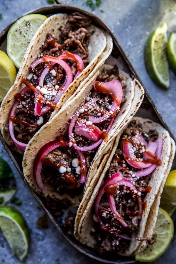 Slow-Cooked Ancho Chili Beef Tacos with Pickled Red Onions