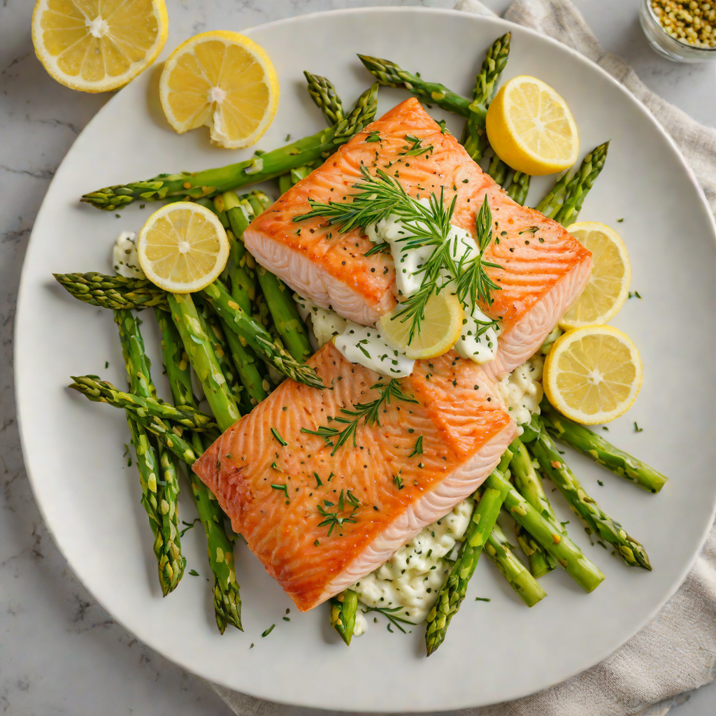 Pan-Seared Salmon with Lemon-Dill Sauce and Garlic Asparagus