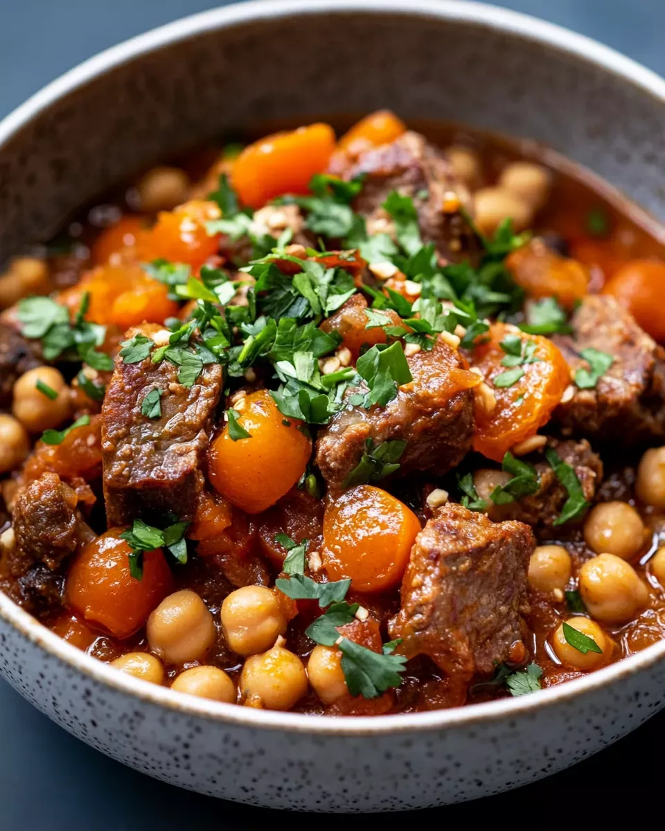 Slow Cooker Moroccan-Spiced Beef Stew with Apricots and Chickpeas