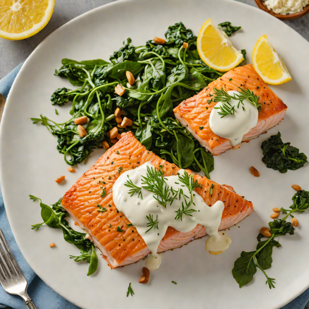 Pan-Seared Salmon with Lemon-Dill Yogurt Sauce and Garlic Spinach