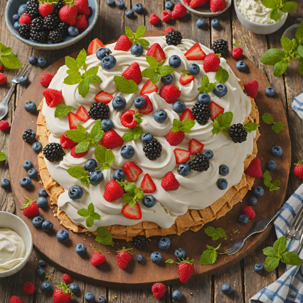 Berry Pavlova with Whipped Cream and Mint