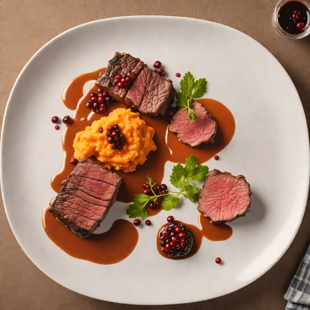 Slow-Roasted Kangaroo Rump with Pepperberry Jus and Sweet Potato Mash
