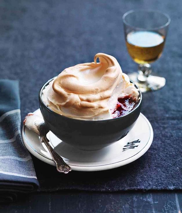 Queen Pudding with Raspberry Coulis and Whipped Cream