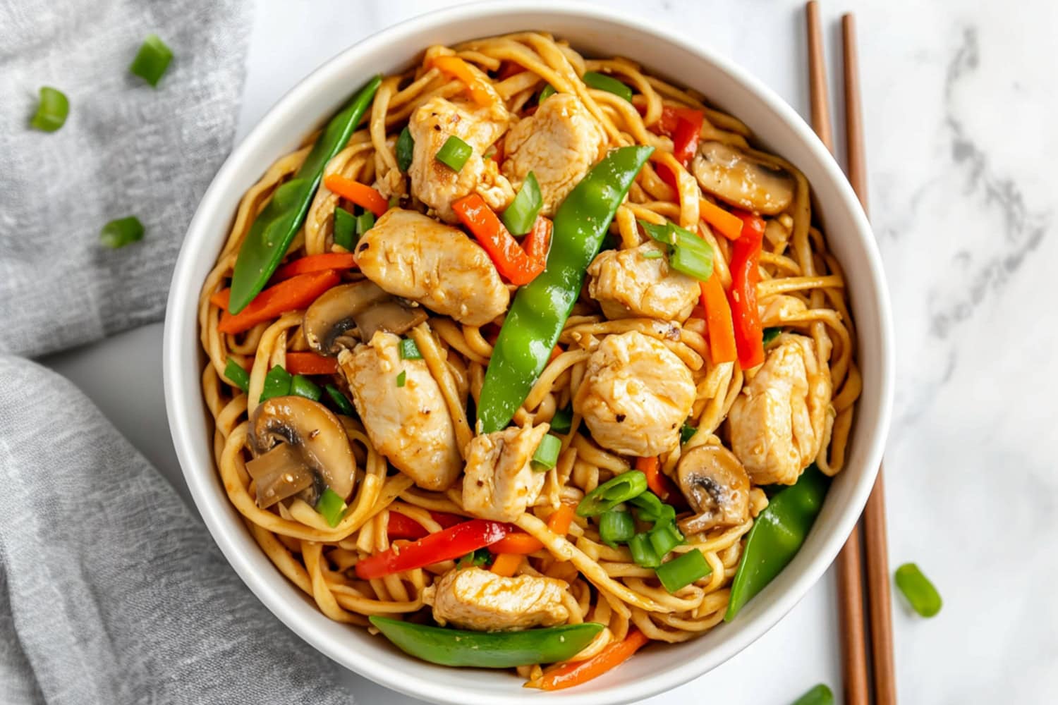 Quick Chicken Chow Mein with Snow Peas and Carrots