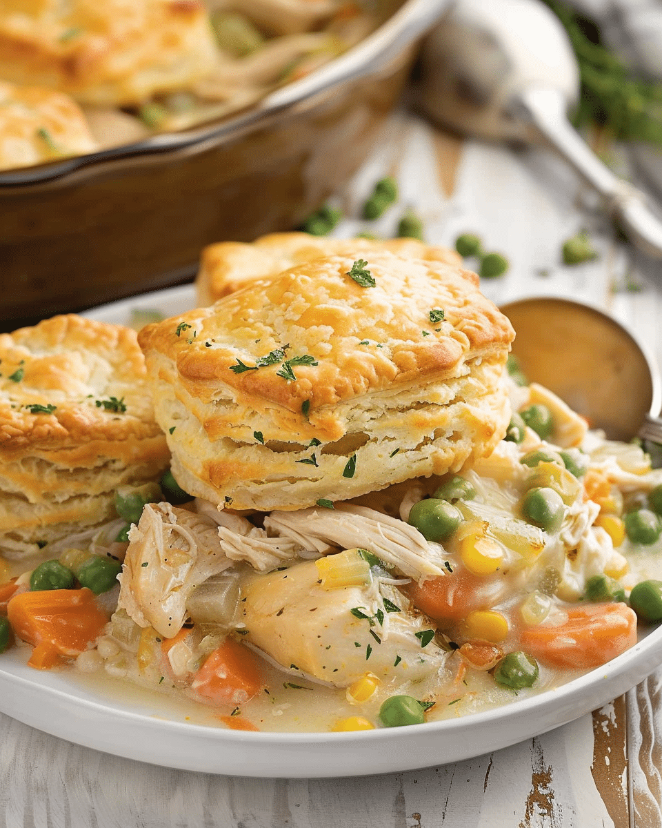 One-Pot Chicken Pot Pie Casserole with Biscuits