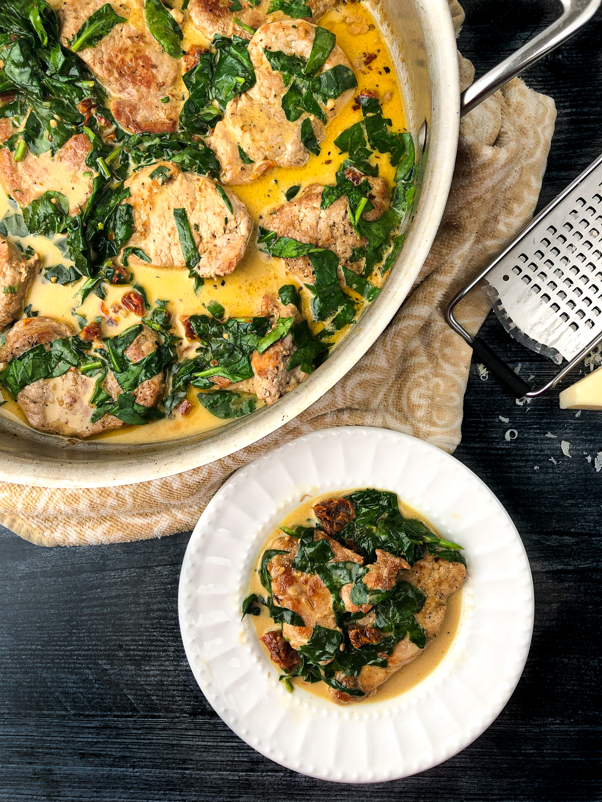 Creamy Asiago Steak Medallions with Sautéed Spinach