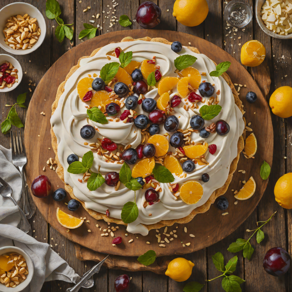 Macadamia and Davidson’s Plum Pavlova with Citrus Cream