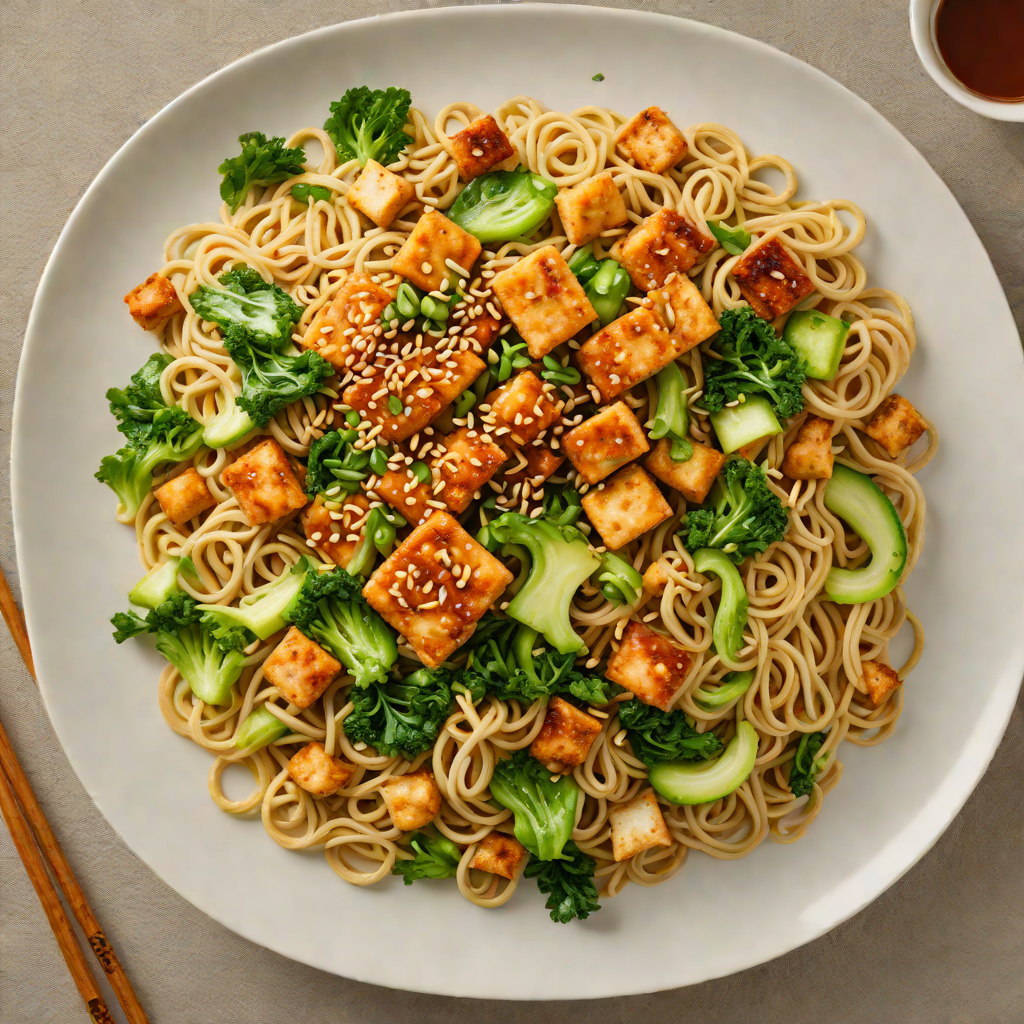 Stir-Fried Udon Noodles with Spicy Garlic Tofu and Bok Choy