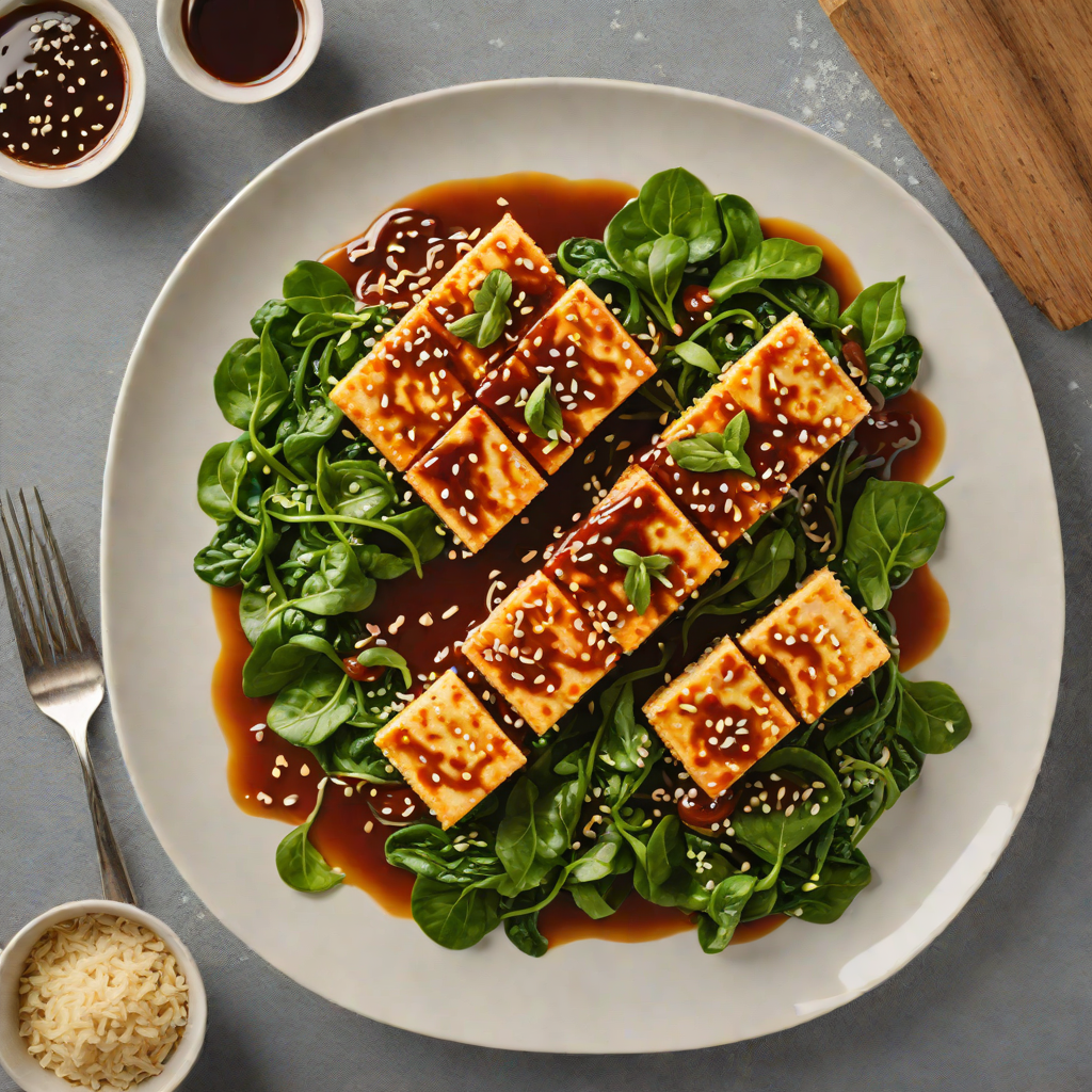 Pan-Fried Korean Tofu with Gochujang Glaze and Sesame Spinach