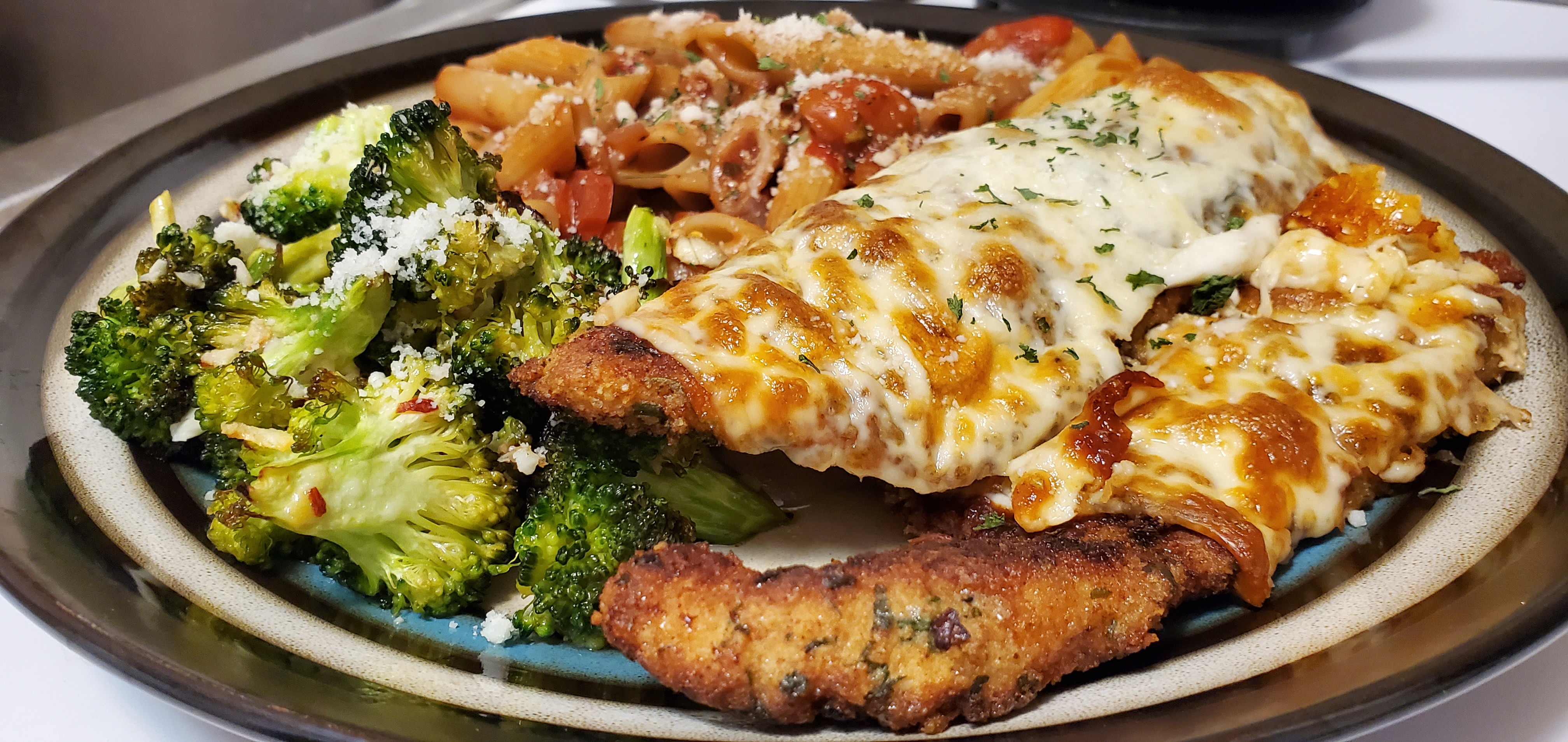 One-Pan Chicken Parmesan with Garlic Broccoli