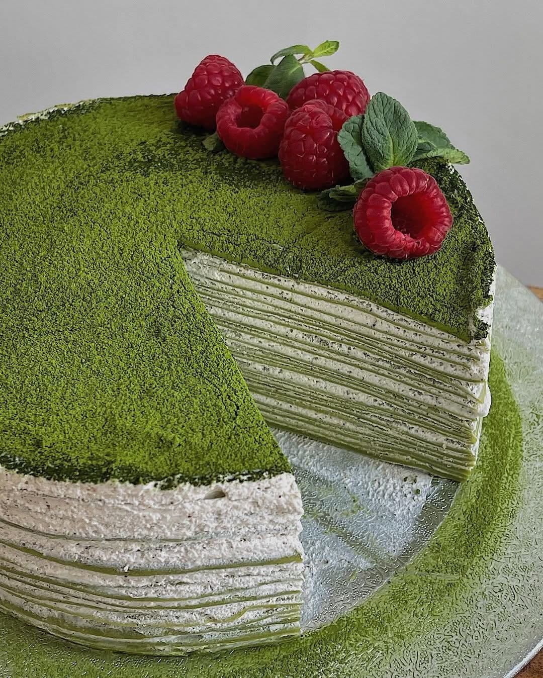 Matcha Green Tea Mille Crepes with Azuki Bean Filling