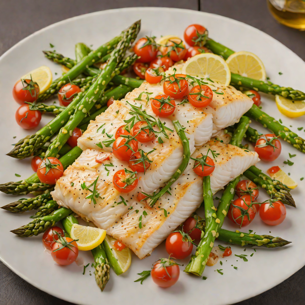 Baked Cod with Lemon-Garlic Asparagus and Cherry Tomatoes