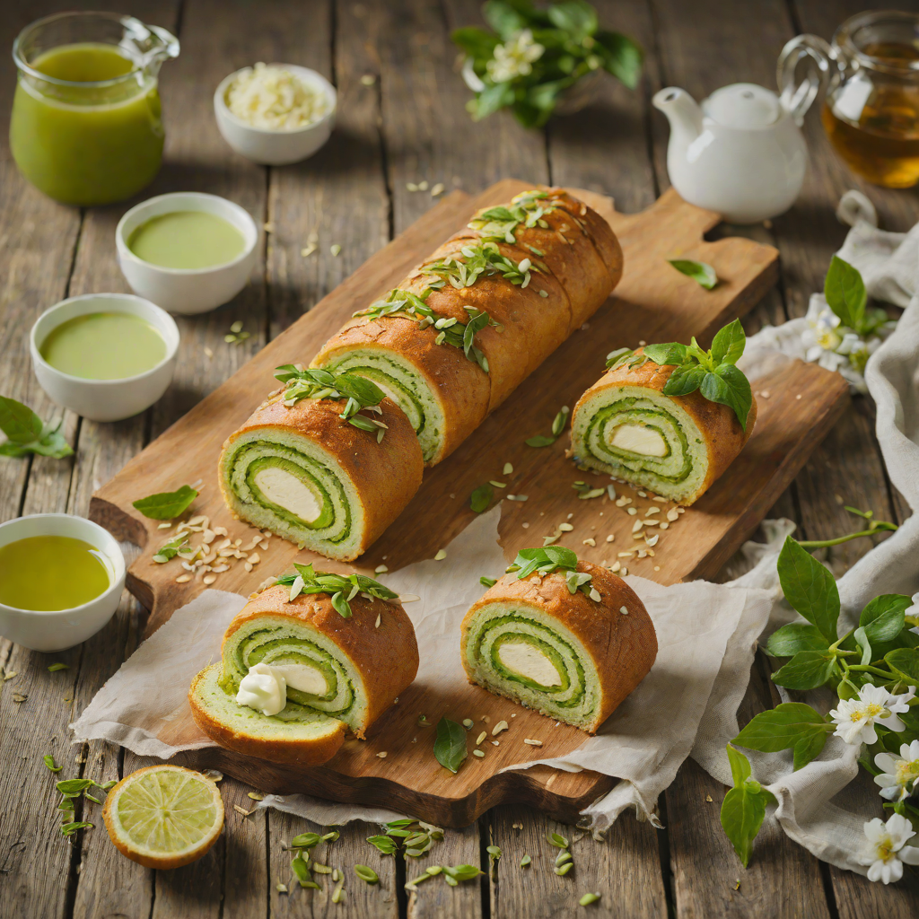 Baked Green Tea Roll Cake with Sweetened Cream Filling