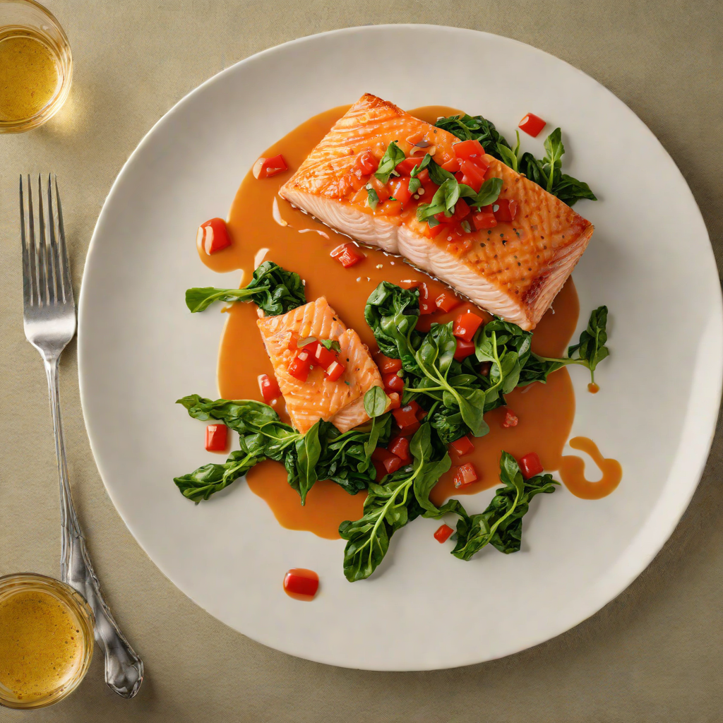 Pan-Seared Salmon with Red Pepper Coulis and Wilted Spinach