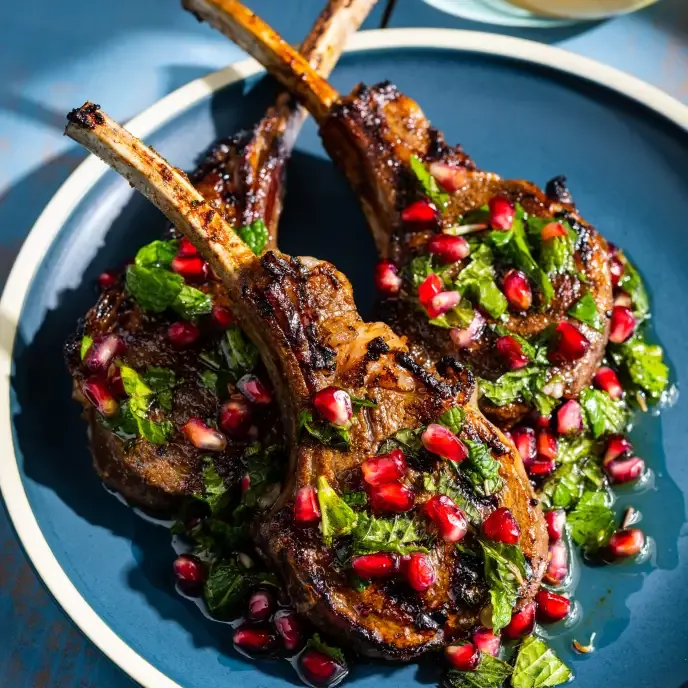 Bush-Spiced Lamb Chops with Pepperberry Glaze and Roasted Finger Limes