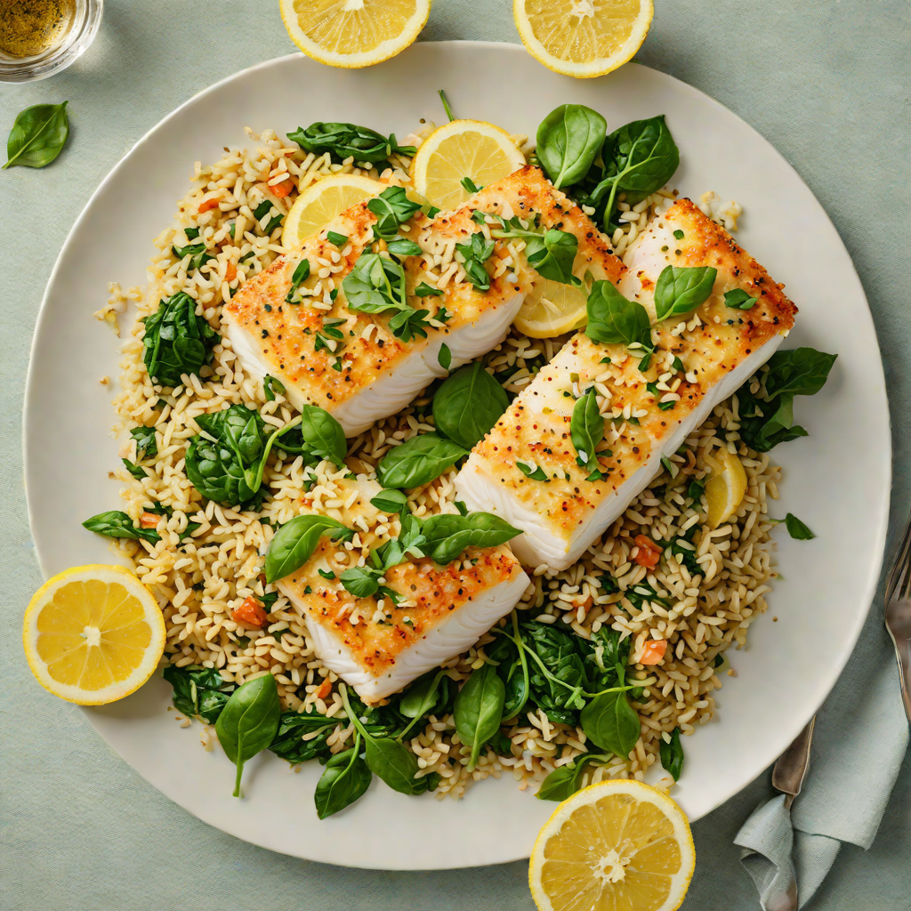 Baked Lemon-Garlic Cod with Herbed Quinoa and Spinach