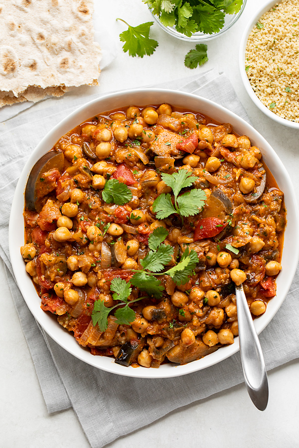 Saffron-Infused Mediterranean Chickpea Stew with Roasted Eggplant