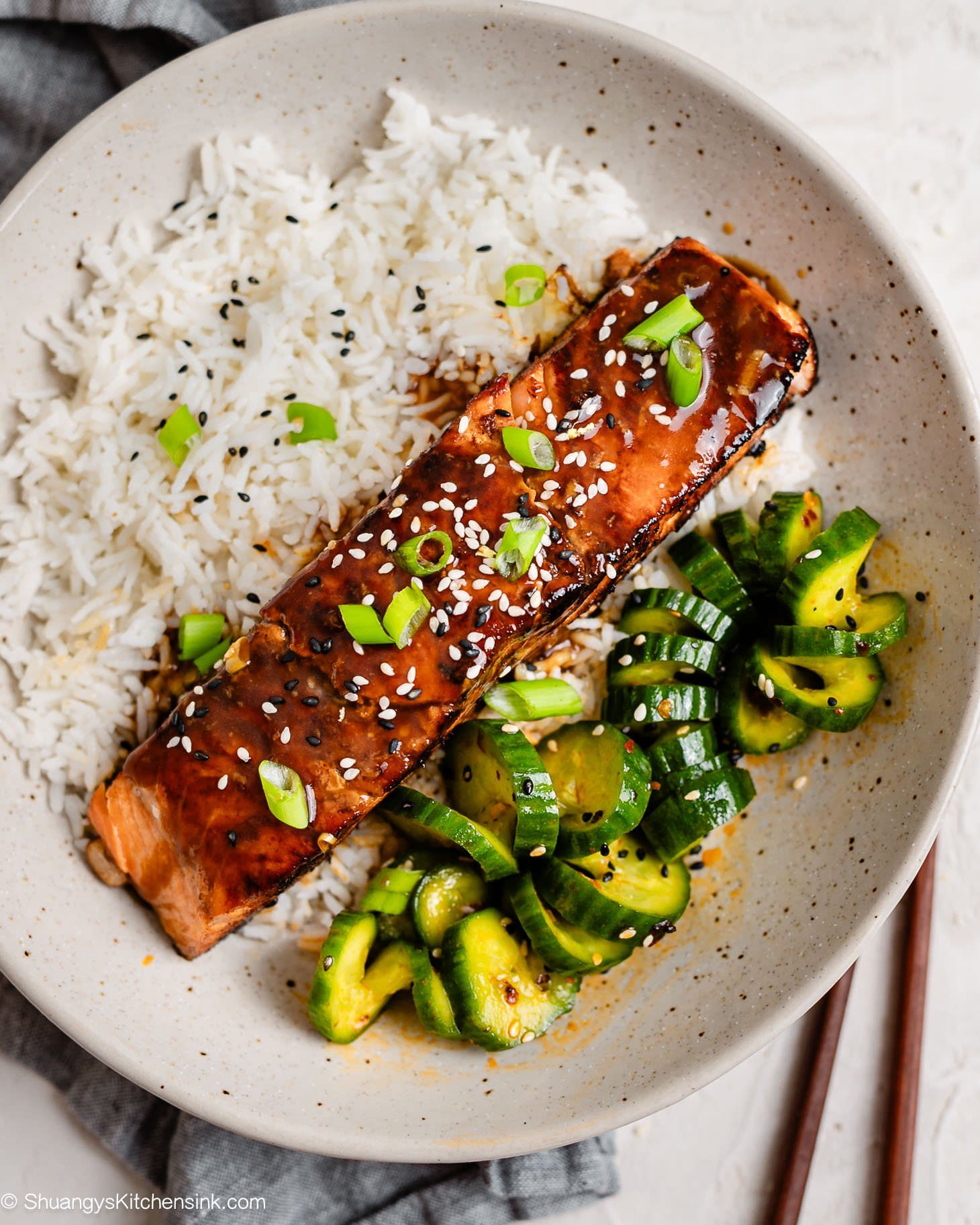 Sesame-Ginger Glazed Salmon with Quick Pickled Cucumber Salad