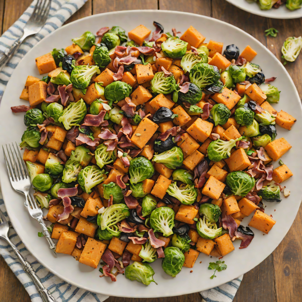 Oven-Roasted Sweet Potato and Brussels Sprouts Hash with Bacon