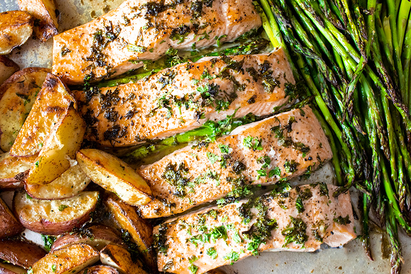 Lemon-Herb Salmon with Roasted Sweet Potatoes & Asparagus