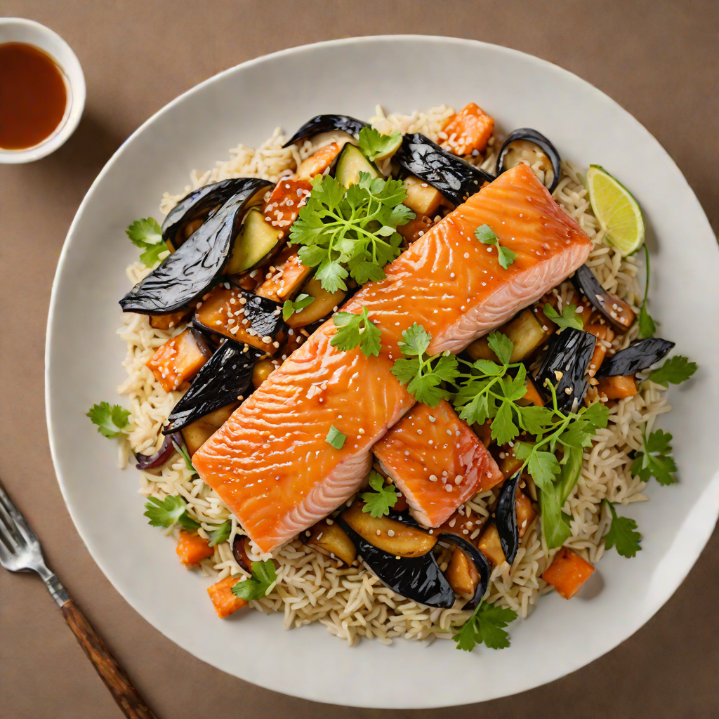 Sautéed Salmon with Miso-Glazed Eggplant Donburi