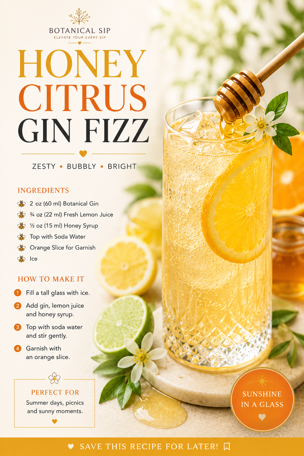 Honey-Ginger Gin Fizz with Fresh Lime